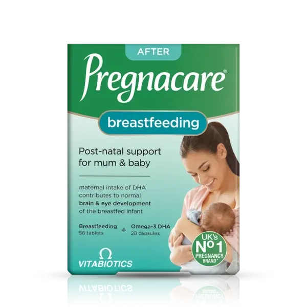 Paketim Vitabiotics Pregnacare Breast-Feeding me 56 tableta dhe 28 kapsula omega-3 për mbështetje gjatë gjidhënies dhe periudhës postnatale.