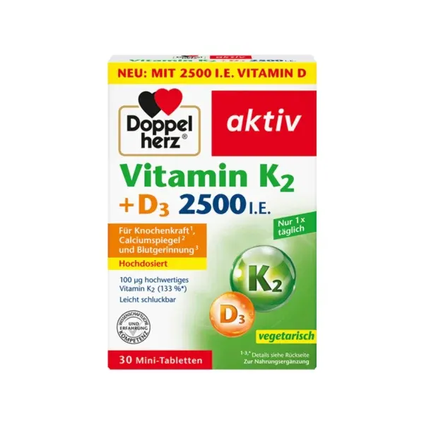 Paketim Doppelherz Aktiv Vitamin K2 + D3 me 30 mini-tableta, 2500 IU vitaminë D3 dhe 100 mcg vitaminë K2 MK-7 për kockat.