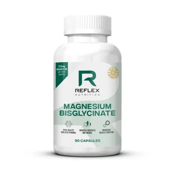 Shishe Reflex Nutrition Magnesium Bisglycinate me 90 kapsula dhe 375 mg magnez në dozën ditore për muskujt, energjinë dhe sistemin nervor.