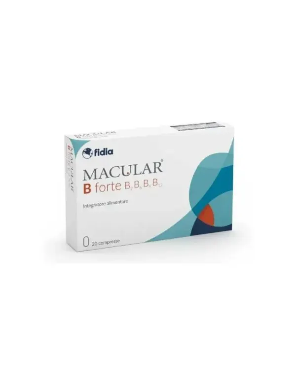 Paketim Fidia Macular B Forte me 20 tableta me luteinë, zeaxanthin, Ginkgo biloba, vitamina B, vitaminë E dhe minerale për shikimin.