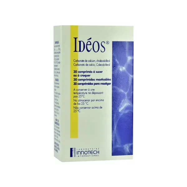 Innotech IDEOS 500 mg/400 IU, kuti me 30 tableta të përtypshme me kalcium dhe vitaminë D3.