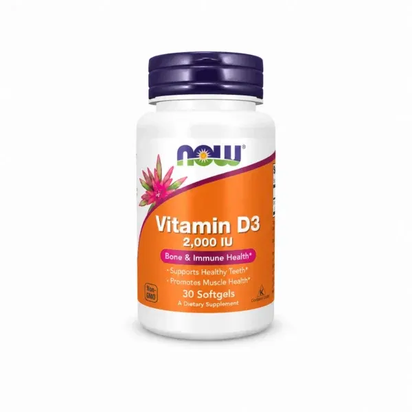 NOW Foods Vitamin D3 2000 IU, shishe me 30 softgels që japin 50 mcg kolekalciferol nga lanolina për kapsulë.