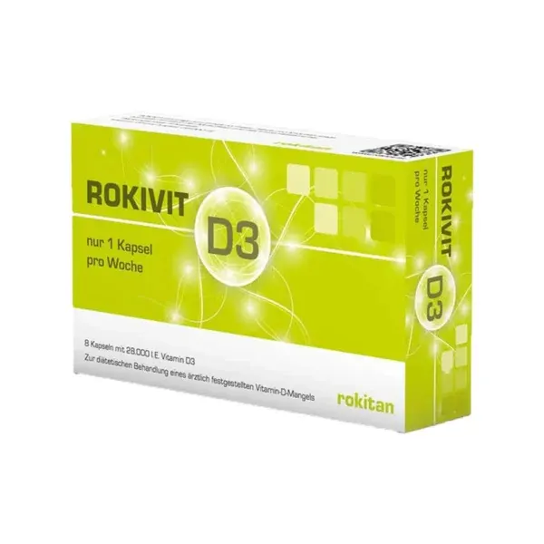 Rokitan Rokivit D3 28,000 IU, kuti me 8 kapsula me vitaminë D3 për përdorim javor sipas këshillës mjekësore.