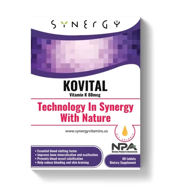 Synergy KOVITAL Vitamin K2 MK-7 80 mcg, kuti me 60 tableta për mbështetjen e kockave dhe metabolizmit të kalciumit.
