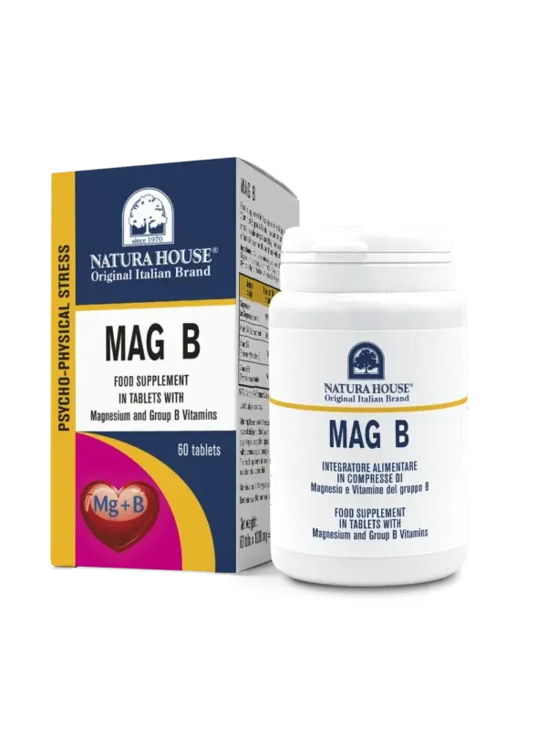 Natura House Mag B, kuti me 60 tableta me magnez dhe vitaminat B1, B3 e B6 për energjinë dhe funksionimin normal të sistemit nervor.