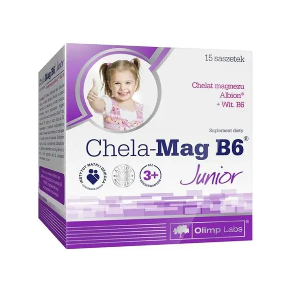 Olimp Labs Chela-Mag B6 Junior, kuti me 15 bustina me 150 mg magnez Albion™ dhe vitaminë B6 për fëmijë mbi 3 vjeç.