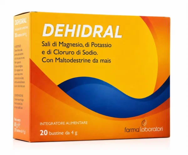 Dehidral, paketim me 20 bustina me magnez, kalium, natrium dhe klorur për hidratim dhe zëvendësim të elektroliteve.