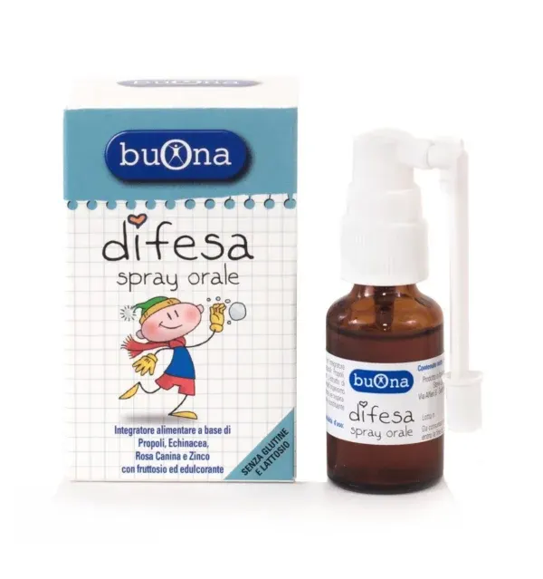 Buona Difesa Spray Orale në flakon 15 ml me propolis, echinacea, rosa canina dhe zink për përdorim oral te fëmijët mbi 3 vjeç.