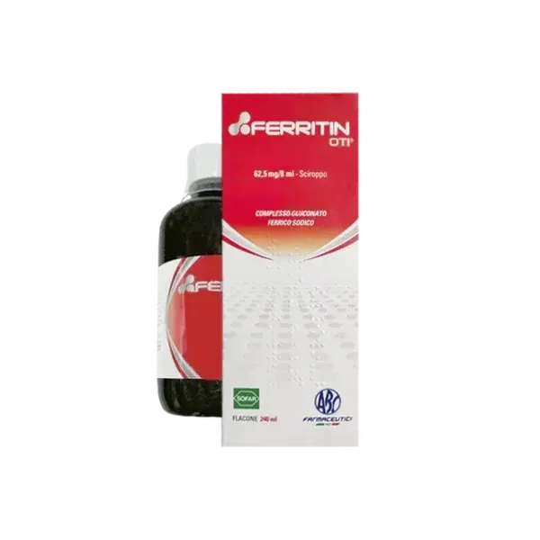 Ferritin OTI, shishe 240 ml me kompleks glukonat ferrik natriumi që siguron 62.5 mg hekur ferrik për çdo 8 ml solucion oral.