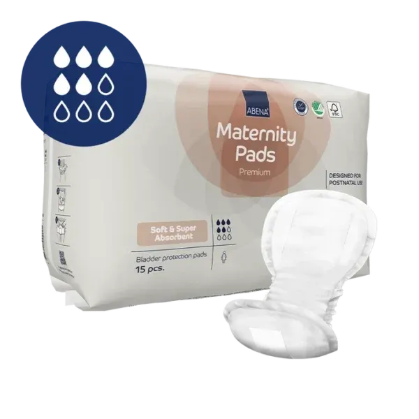 ABENA Maternity Pads, paketim me 15 peceta absorbuese për higjienën dhe mbrojtjen pas lindjes.