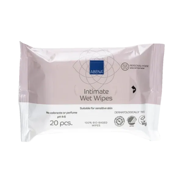 ABENA Intimate Wet Wipes, paketim me 20 peceta të buta prej viskoze për higjienën intime dhe lëkurën e ndjeshme.