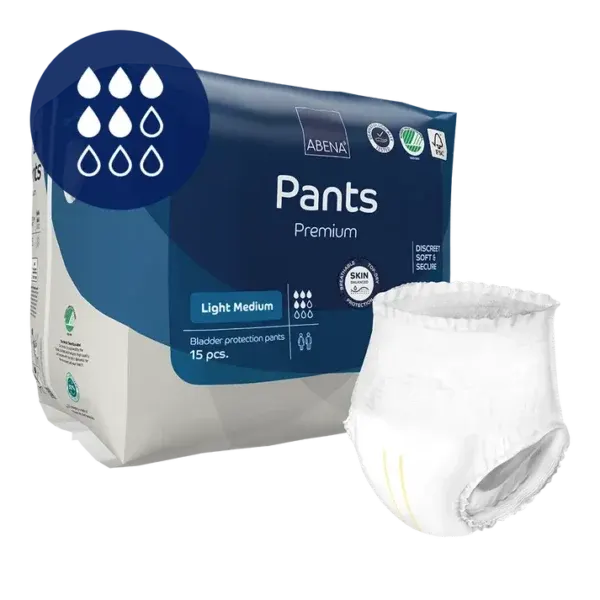 ABENA Pants Light Medium, paketim me 15 mbathje absorbuese pull-on për inkontinencë të lehtë.