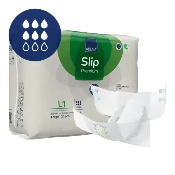 ABENA Slip Premium L1, paketim me 10 pelena anatomike me ngjitëse për menaxhimin e inkontinencës.