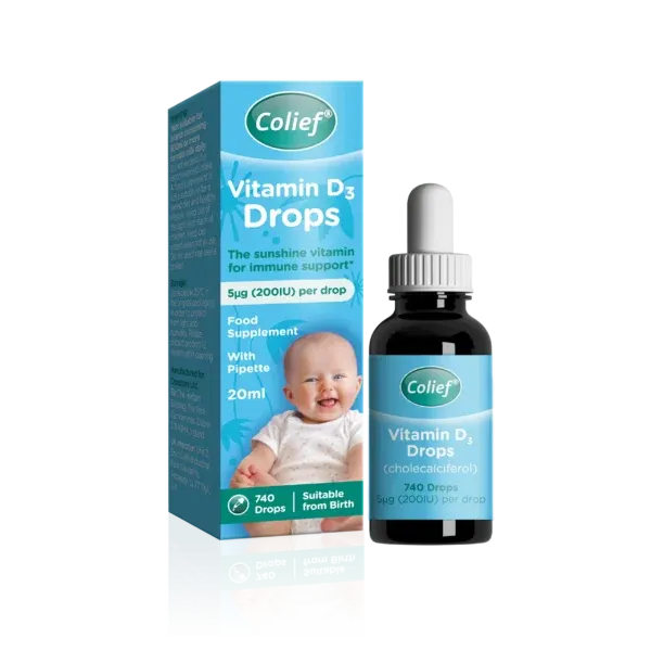 Colief Vitamin D3 Drops në pika për foshnja që nga lindja, pa aroma, sheqer të shtuar, konservues dhe ngjyrues.