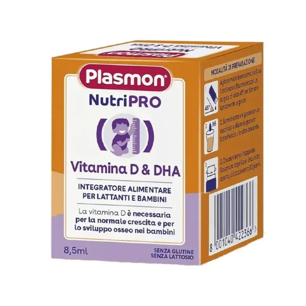Plasmon NutriPRO Vitamin D & DHA në pika për foshnja dhe fëmijë, me vitaminë D3 dhe DHA nga mikroalga.