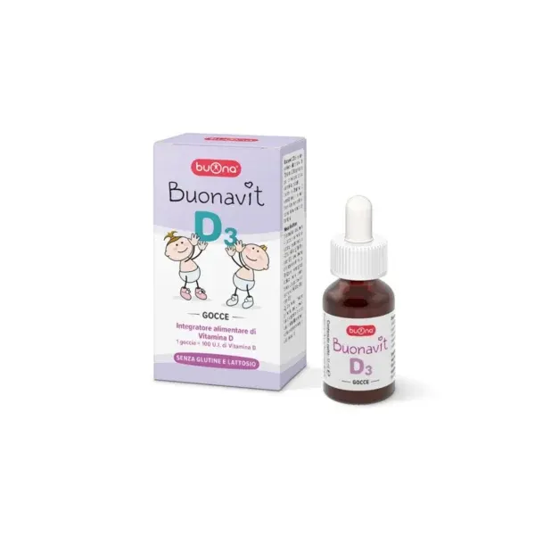 Buona Buonavit D3 në pika për bebe dhe fëmijë, me 400 IU vitaminë D3 në dozën ditore prej katër pikash.