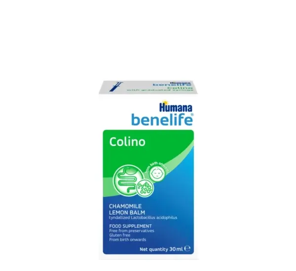 Humana Benelife Colino në pika me kamomil, melisa dhe Lactobacillus acidophilus të tindalizuar për komfortin tretës të foshnjave.