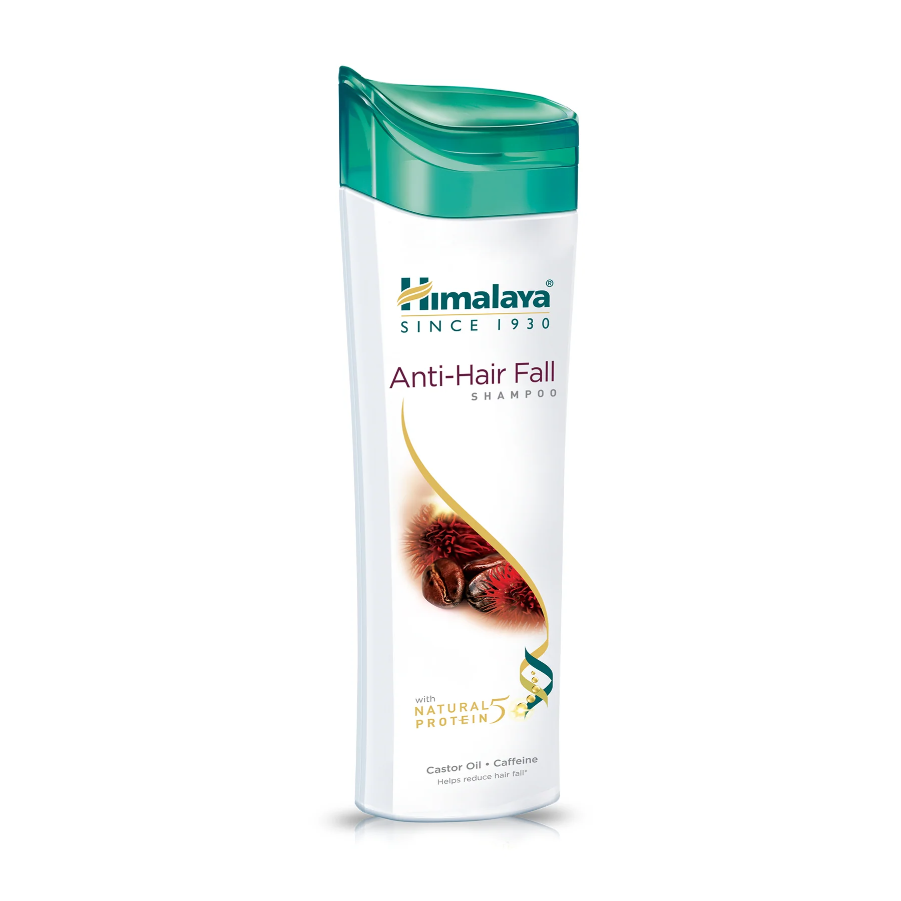 Himalaya Anti-Hair Fall Shampoo me caffeine, castor oil dhe proteina soje e gruri për flokë të dobët dhe rënie nga thyerja.