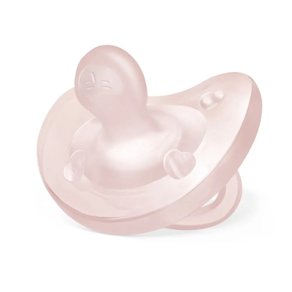 Chicco PhysioForma Soft Pacifier, rrensë 100% silikoni në variante rozë dhe blu për 0–6m dhe 6–16m.