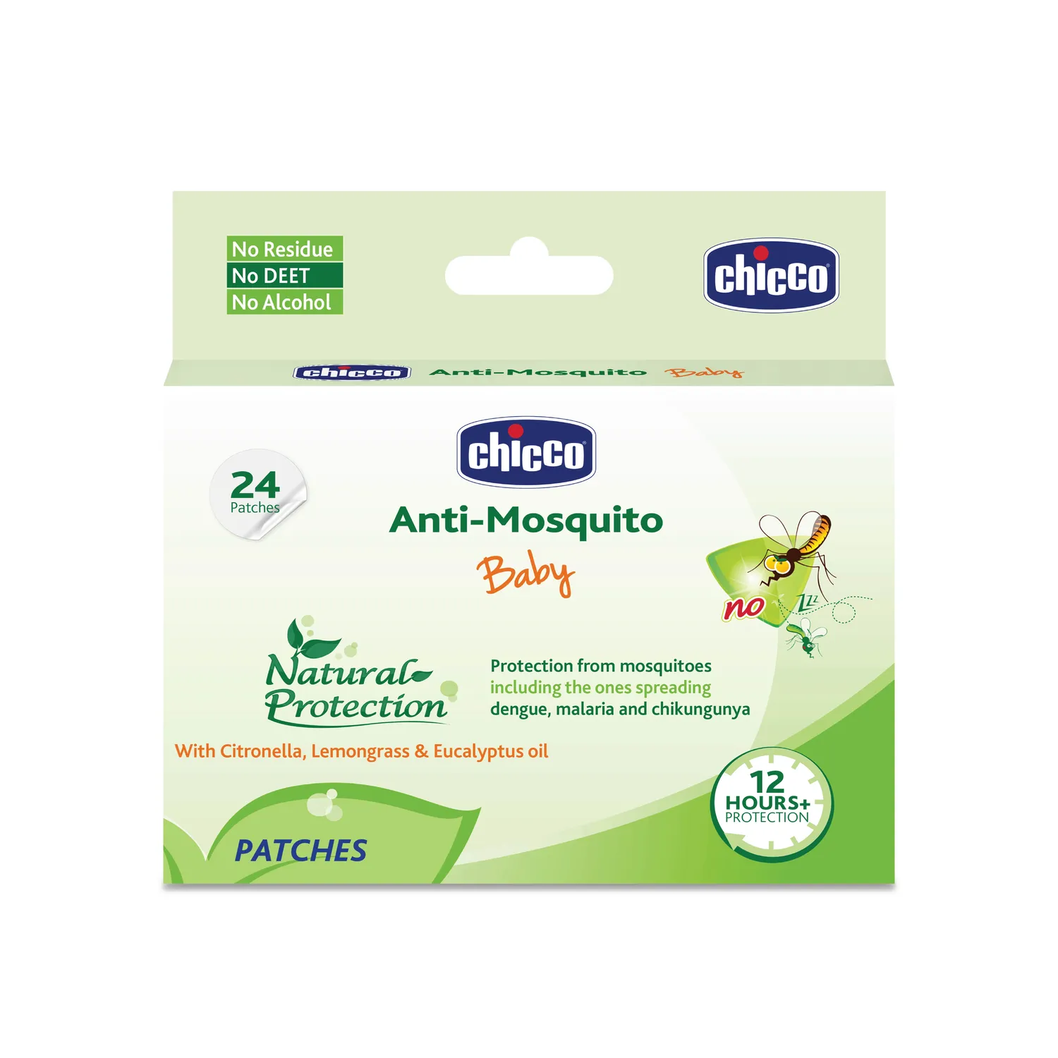 Chicco Anti-Mosquito Stickers me citronella dhe eucalyptus për përdorim mbi rroba, karrocë ose sende të jashtme.