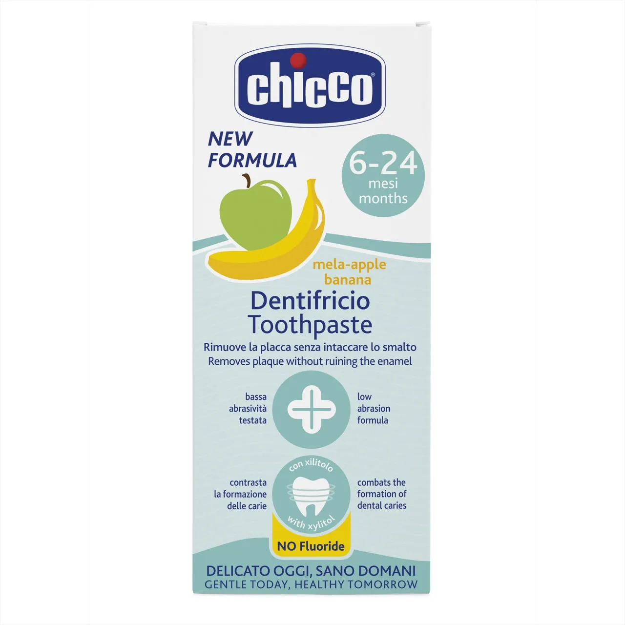 Chicco Apple-Banana Toothpaste për 6–24 muaj, me fluor 1000 ppm, xylitol dhe shije mollë-bananë.