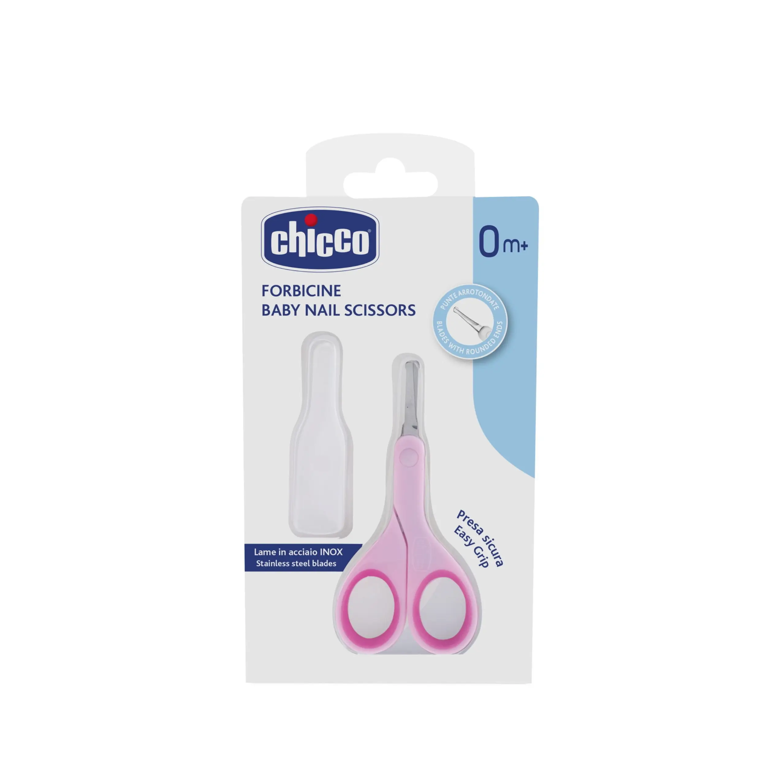 Chicco Baby Nail Scissors me tehe të lakuara, maja të rrumbullakosura, dorezë antirrëshqitëse dhe kapak mbrojtës.