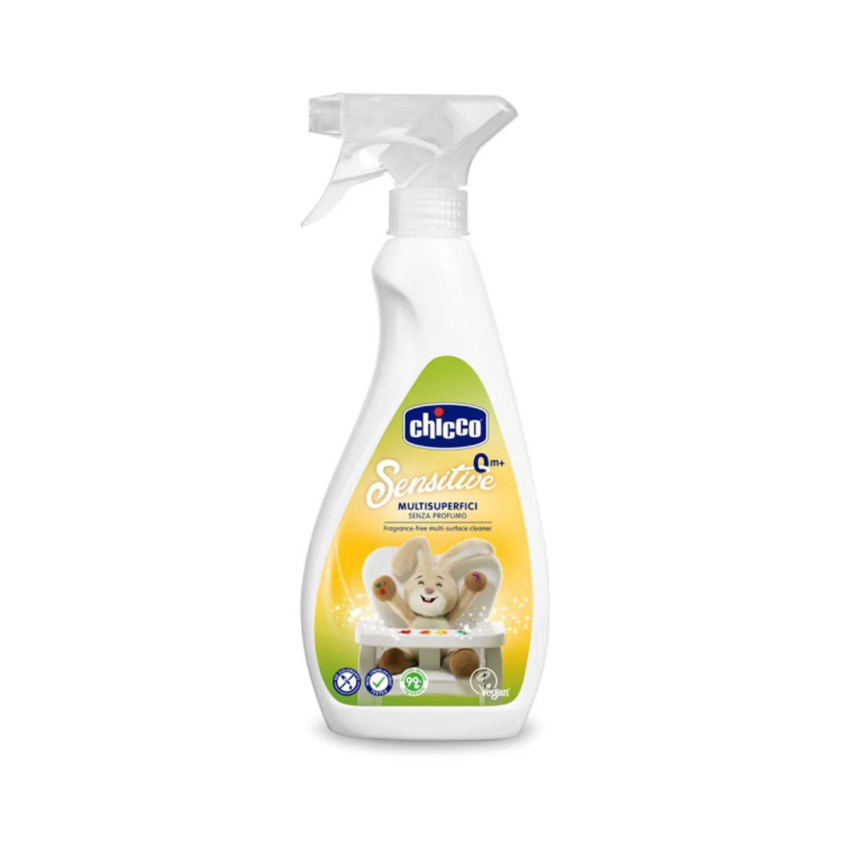 Chicco Multi-Surface Spray për sipërfaqet e shtëpisë dhe zonat e bebes, formulë pa parfum me ekstrakt çaji jeshil.