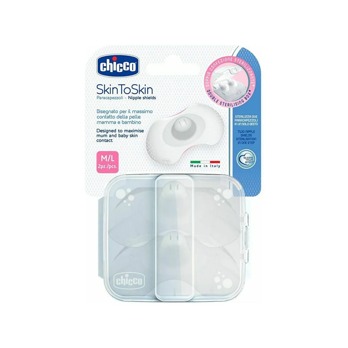 Chicco Nipple Shields prej silikoni të butë dhe të hollë për përdorim gjatë gjidhënies, në madhësi S/M dhe M/L.