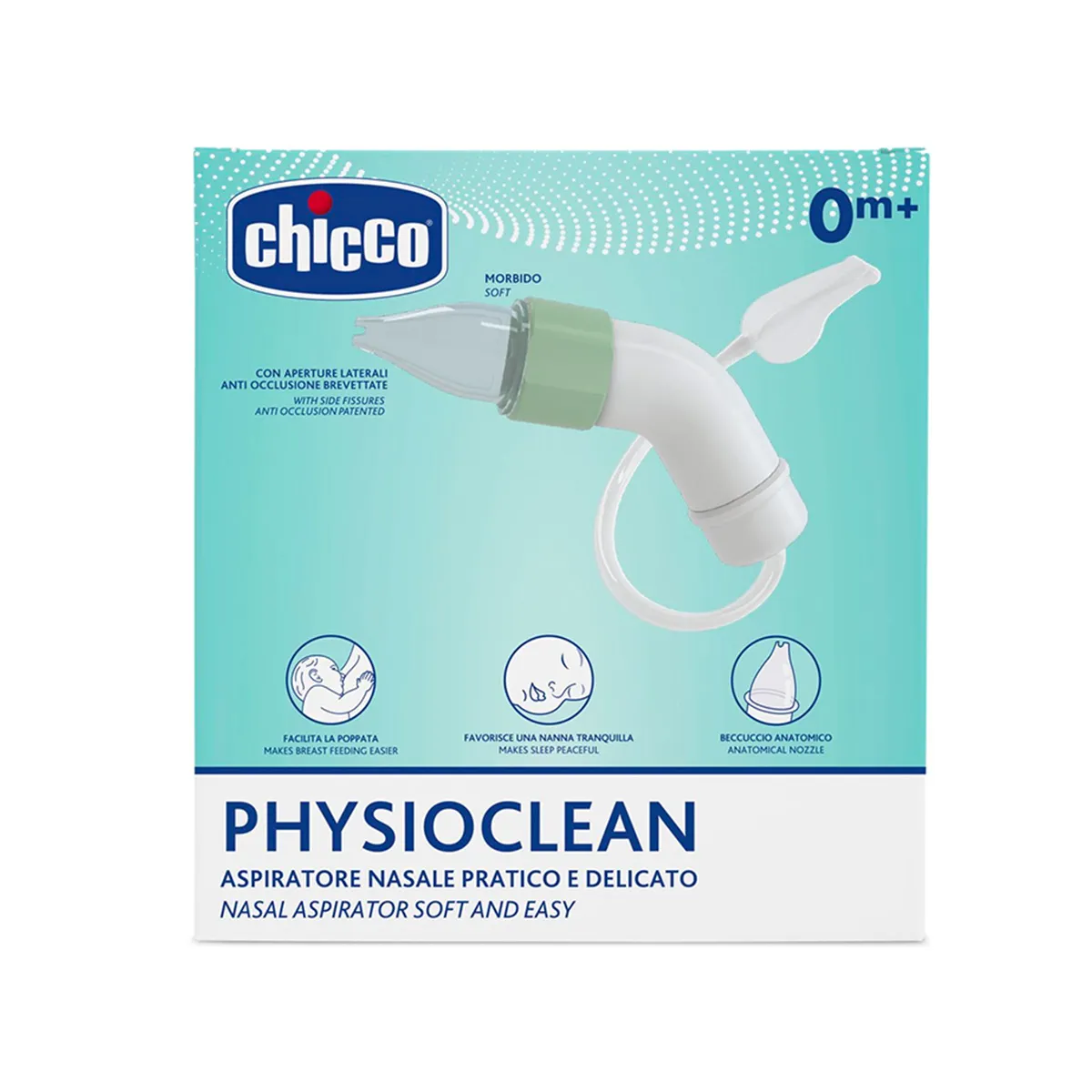 Chicco PhysioClean Aspirator Nazal me trup ergonomik, tub silikoni dhe majë anatomike të butë për higjienën nazale të foshnjës.