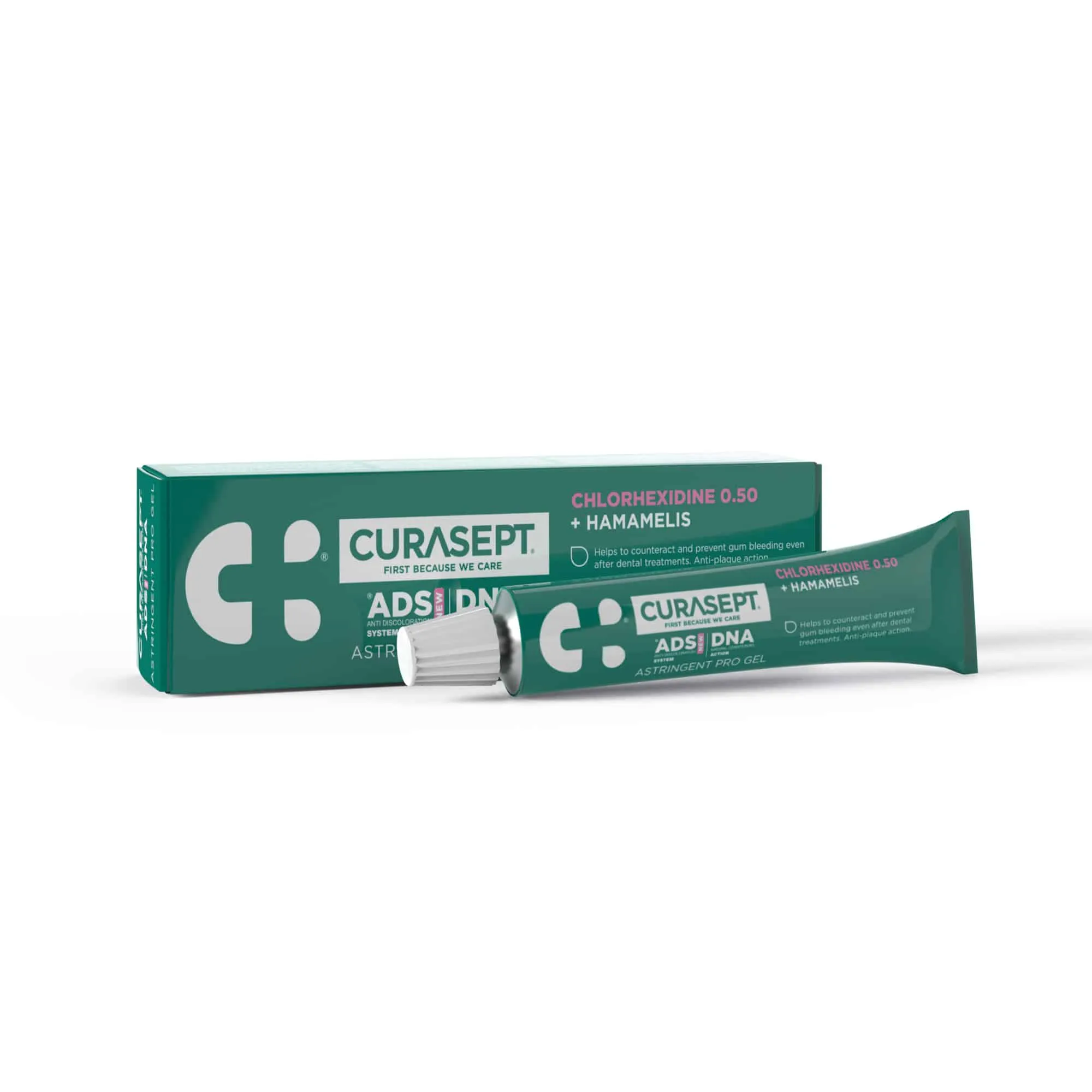 Curasept ADS DNA Astringent Pro Gel, xhel gingival me klorheksidinë 0.50% dhe Hamamelis për mishra që gjakosin.