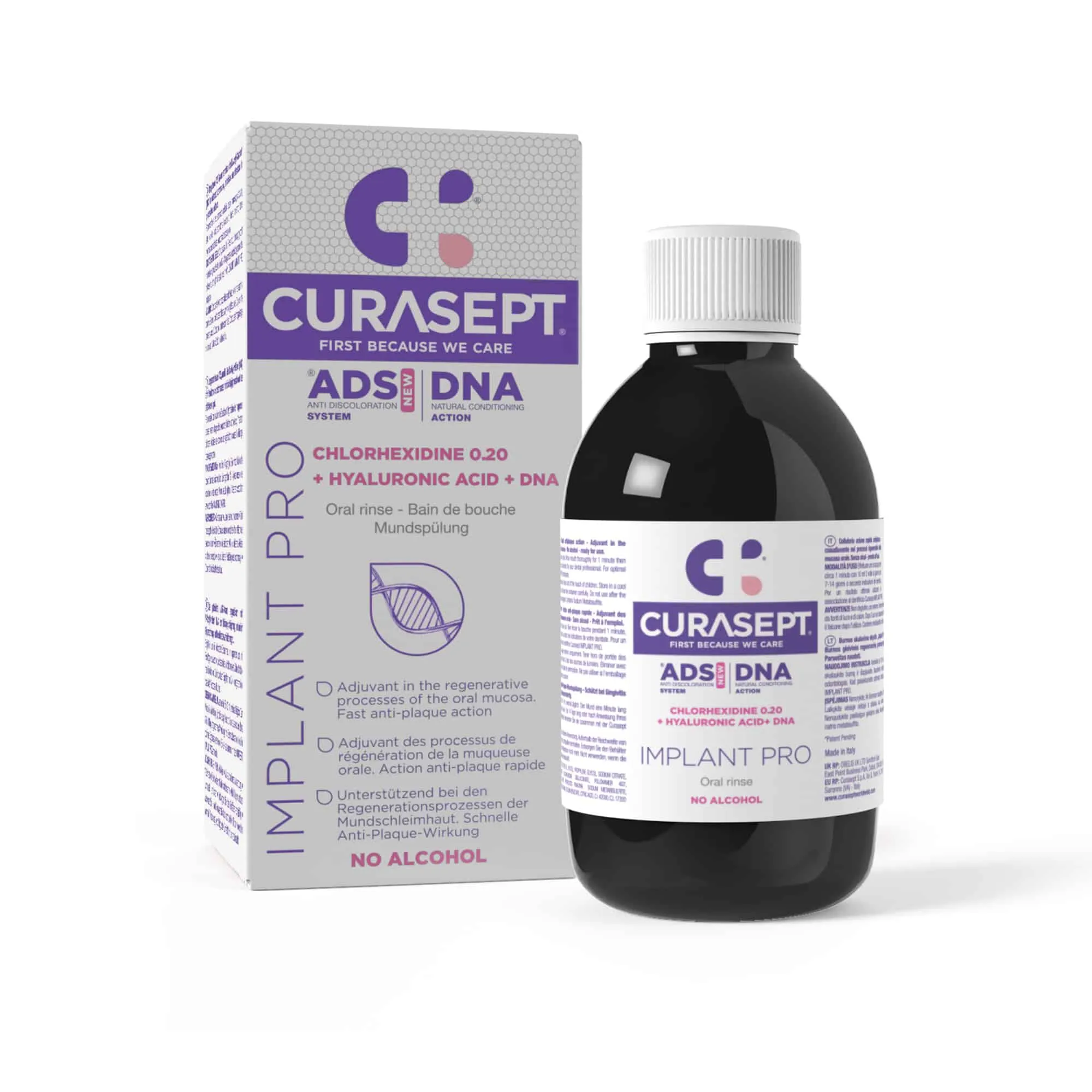 Curasept ADS DNA Implant Pro Oral Rinse, shpëlarës me klorheksidinë 0.20% dhe acid hialuronik për kujdes rreth implanteve.