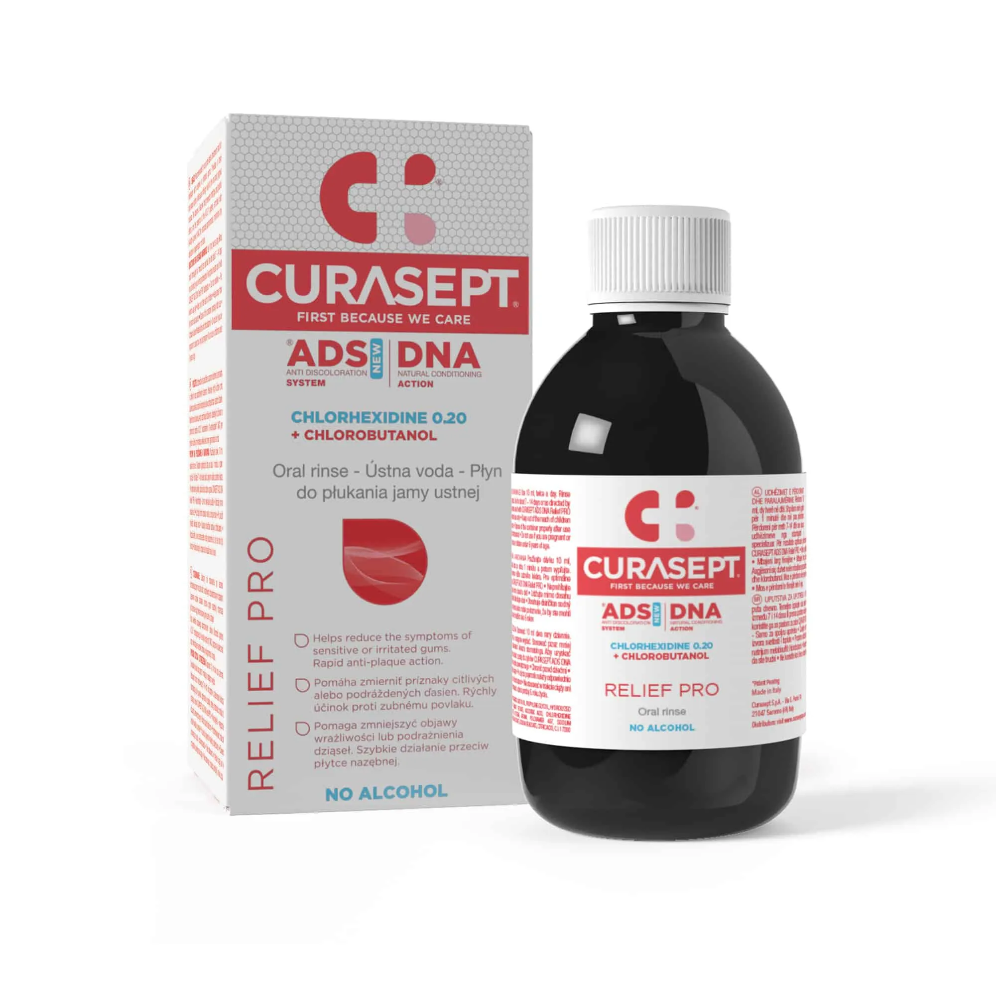 Curasept ADS DNA Relief Pro Oral Rinse, shpëlarës me klorheksidinë 0.20% dhe chlorobutanol për irritim dhe dhimbje gingivale.