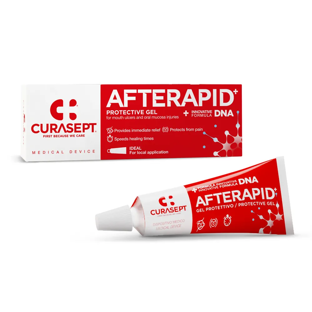 Curasept Afterapid Protective Gel, xhel oral për afta dhe ulçera të vogla me acid hialuronik dhe vajra Tea Tree e Manuka.