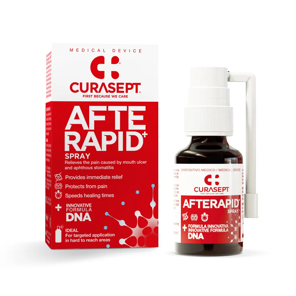 Curasept Afterapid Spray, spray oral për afta dhe ulçera orale me acid hialuronik, Tea Tree dhe Manuka.