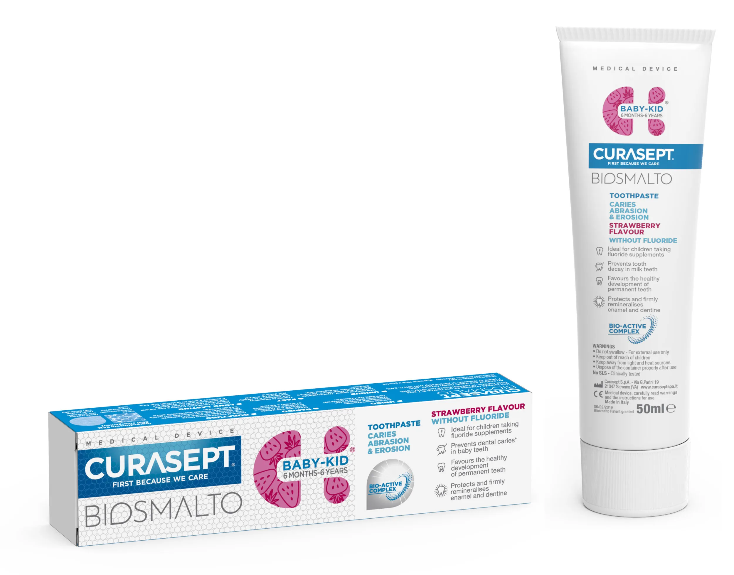 Curasept Biosmalto Baby-Kid No Fluoride Toothpaste, pastë 6m–6y me hidroksiapatit dhe chitosan, pa fluor.