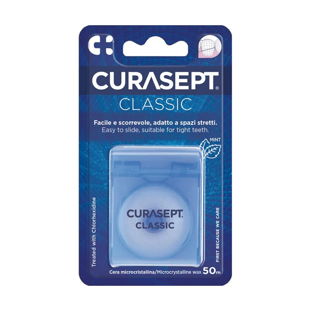 Curasept Dental Floss Classic, fije dentare me shtresë dylli mikrokristalin për higjienë interdentare të përditshme.