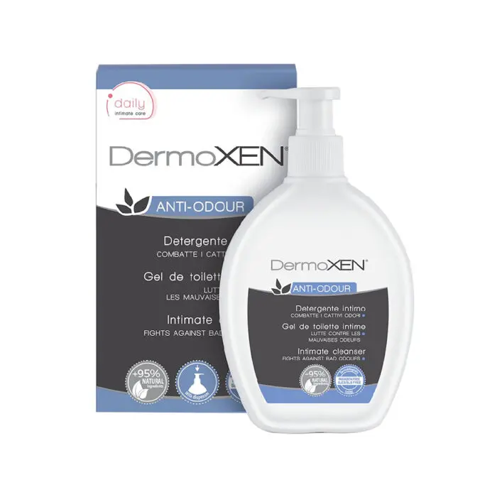 Shishe Dermoxen Anti-Odour Larës Intim 200 ml, me fibra prebiotike dhe vajra esencialë për freski dhe higjienë intime.