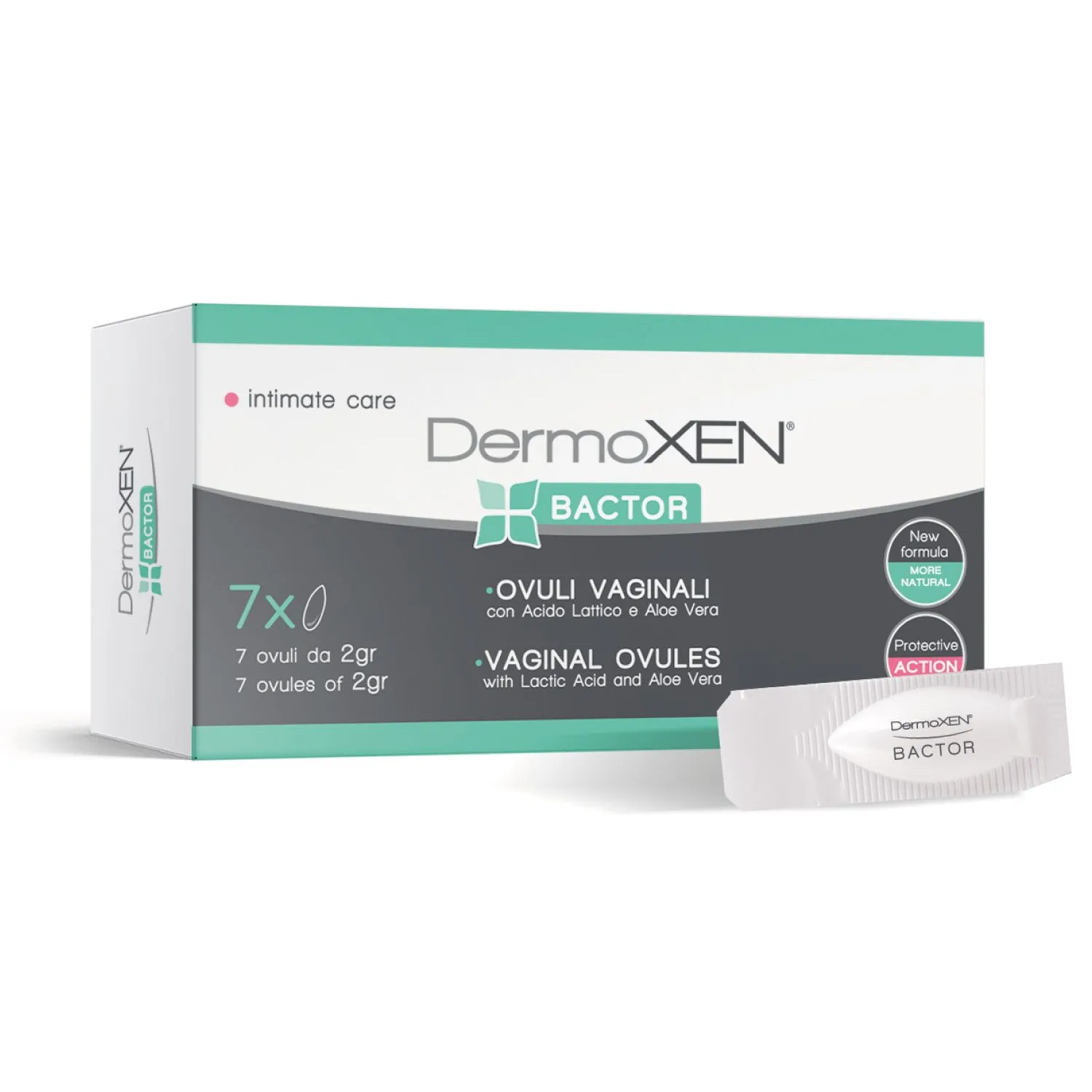Kuti Dermoxen Bactor me 7 ovula vaginale nga 2 g, me propolis, acid laktik dhe acid hialuronik për ekuilibrin vaginal.