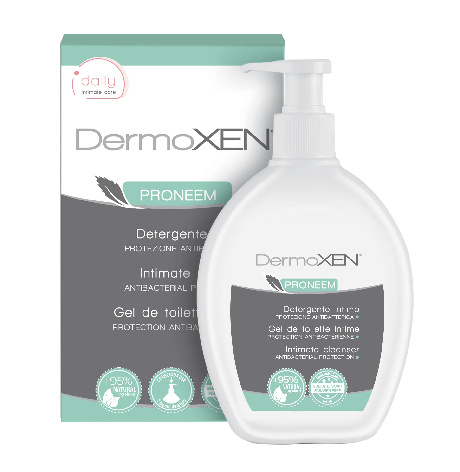 Shishe Dermoxen Proneem Larës Intim 200 ml, me Tribulus, vaj neem dhe propolis për higjienën dhe mbrojtjen intime të përditshme.