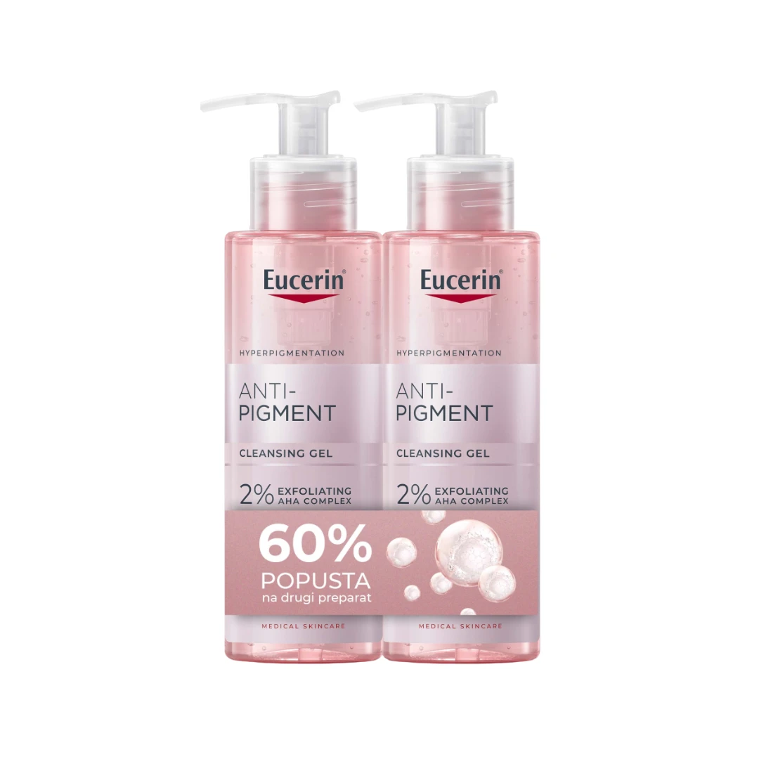 Eucerin Anti-Pigment Cleansing Gel Duo Pack përmban xhel pastrues fytyre me 2% kompleks AHA për lëkurë më të ndritshme.