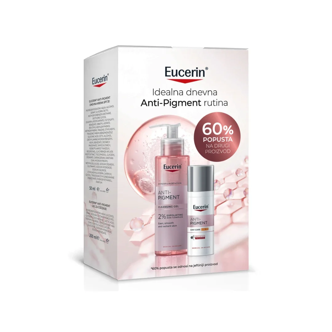 Eucerin Anti-Pigment Set përmban Cleansing Gel me 2% AHA dhe Day Care SPF 30 me Thiamidol kundër njollave.