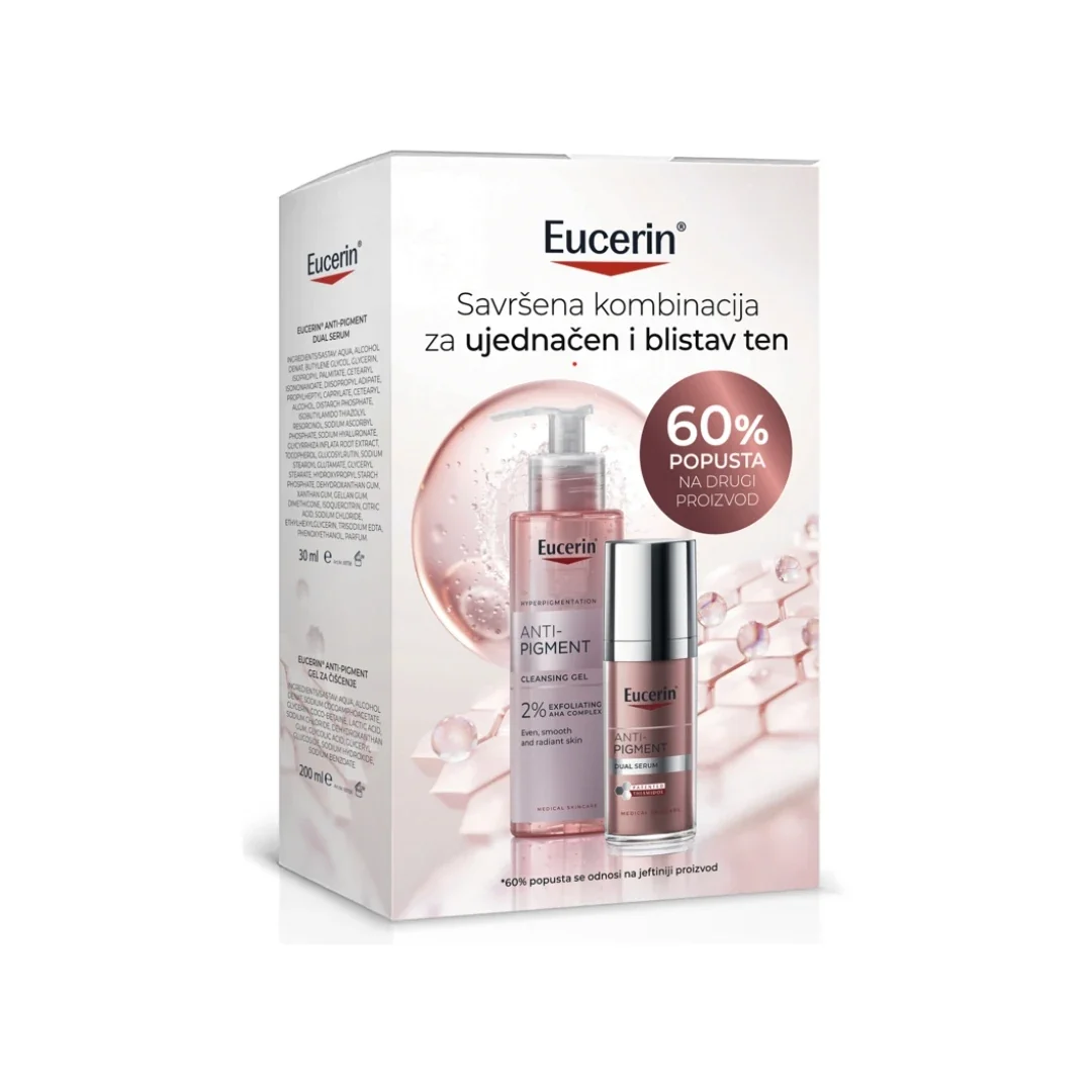 Eucerin Anti-Pigment Set përmban Cleansing Gel me 2% AHA dhe Dual Serum me Thiamidol kundër njollave të errëta.