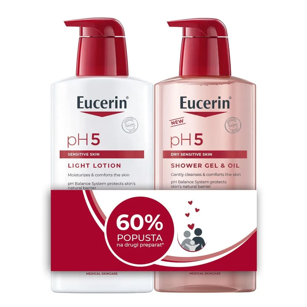 Eucerin pH5 Set përmban Light Lotion dhe Shower Gel për pastrim e hidratim të përditshëm të lëkurës së ndjeshme.