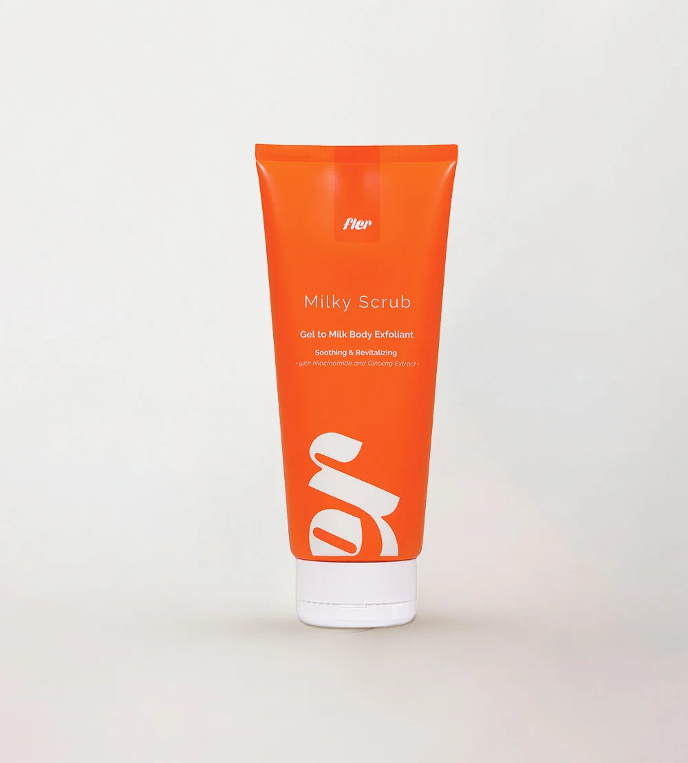 Fler Milky Scrub, eksfoliant trupi gel-to-milk me pumice, niacinamide, calendula, ginseng dhe acid hialuronik.