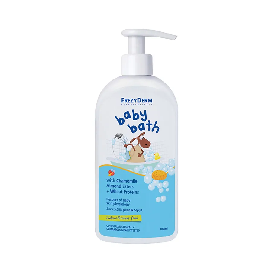 Shishe Frezyderm Baby Bath 300 ml, larës i butë pa pickim për lëkurën dhe flokët e bebes.