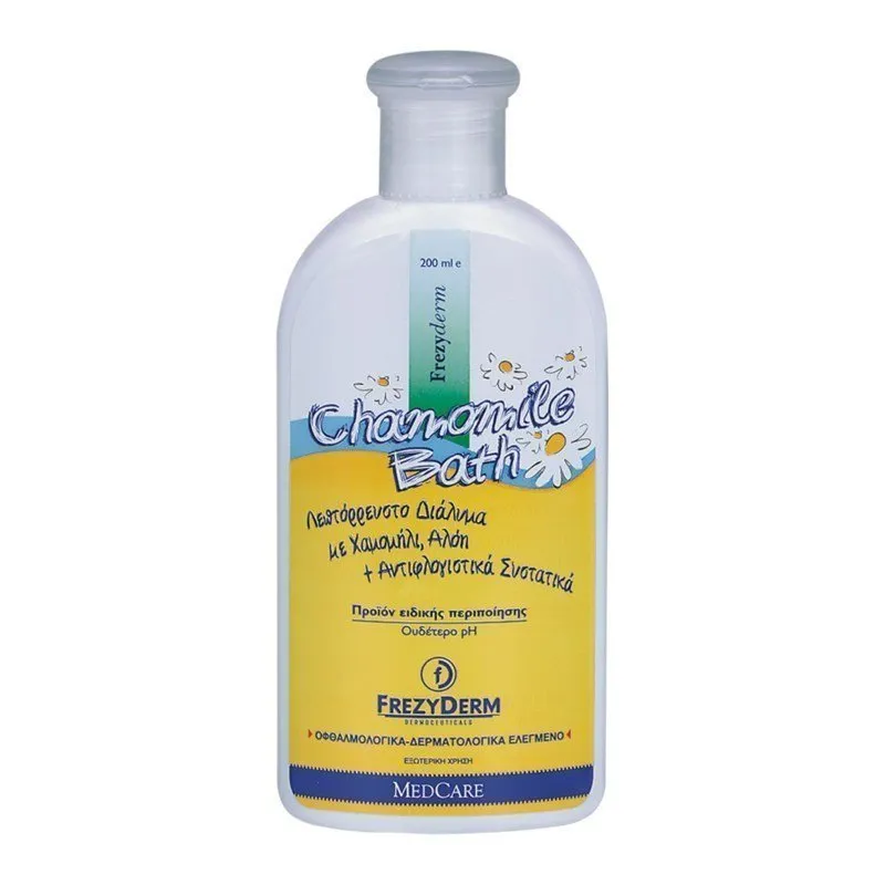Shishe Frezyderm Baby Chamomile Bath 200 ml, solucion banje qetësues me kamomil për lëkurë delikate.