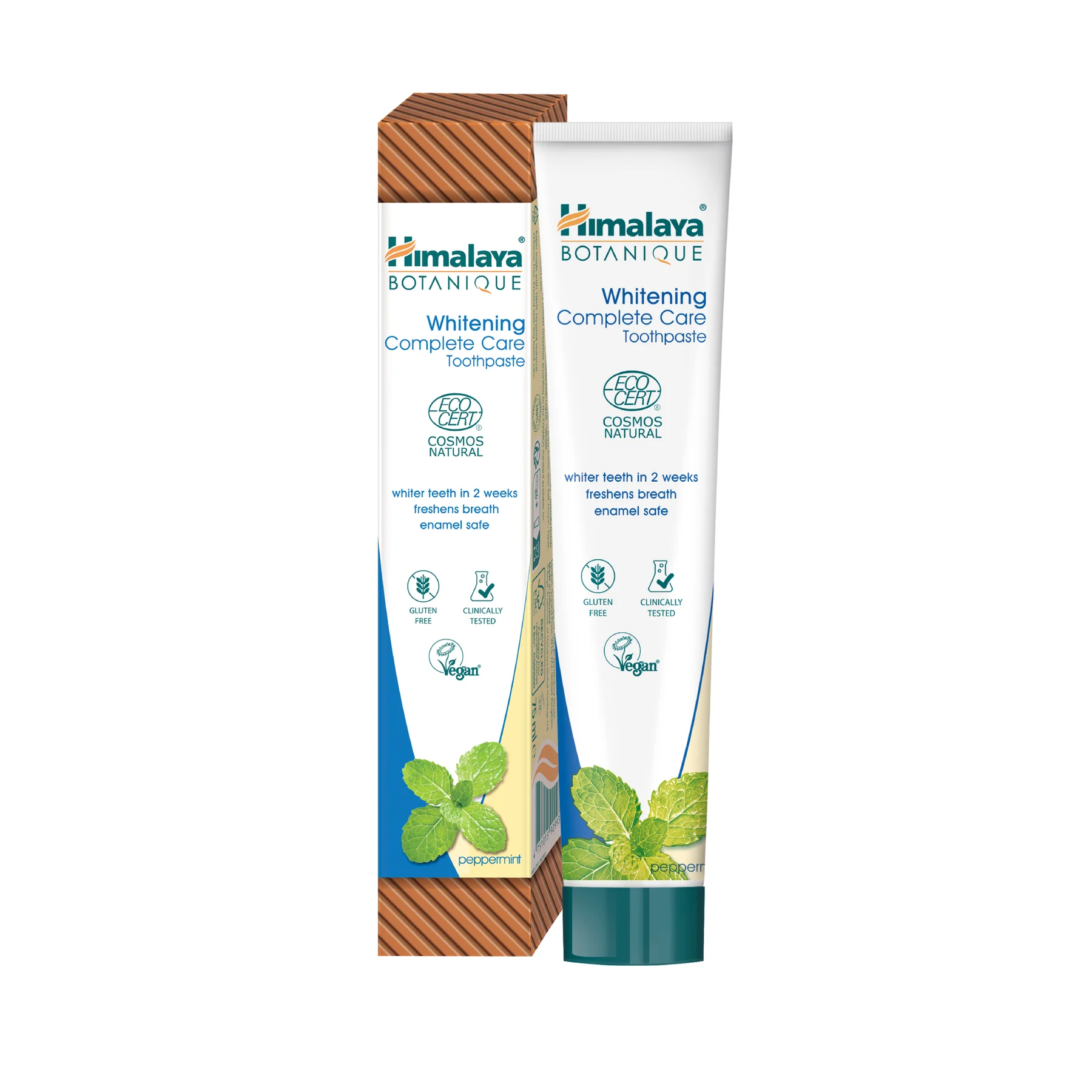 Himalaya Botanique Whitening Complete Care Toothpaste me peppermint, formulë bimore pa fluor dhe SLS.
