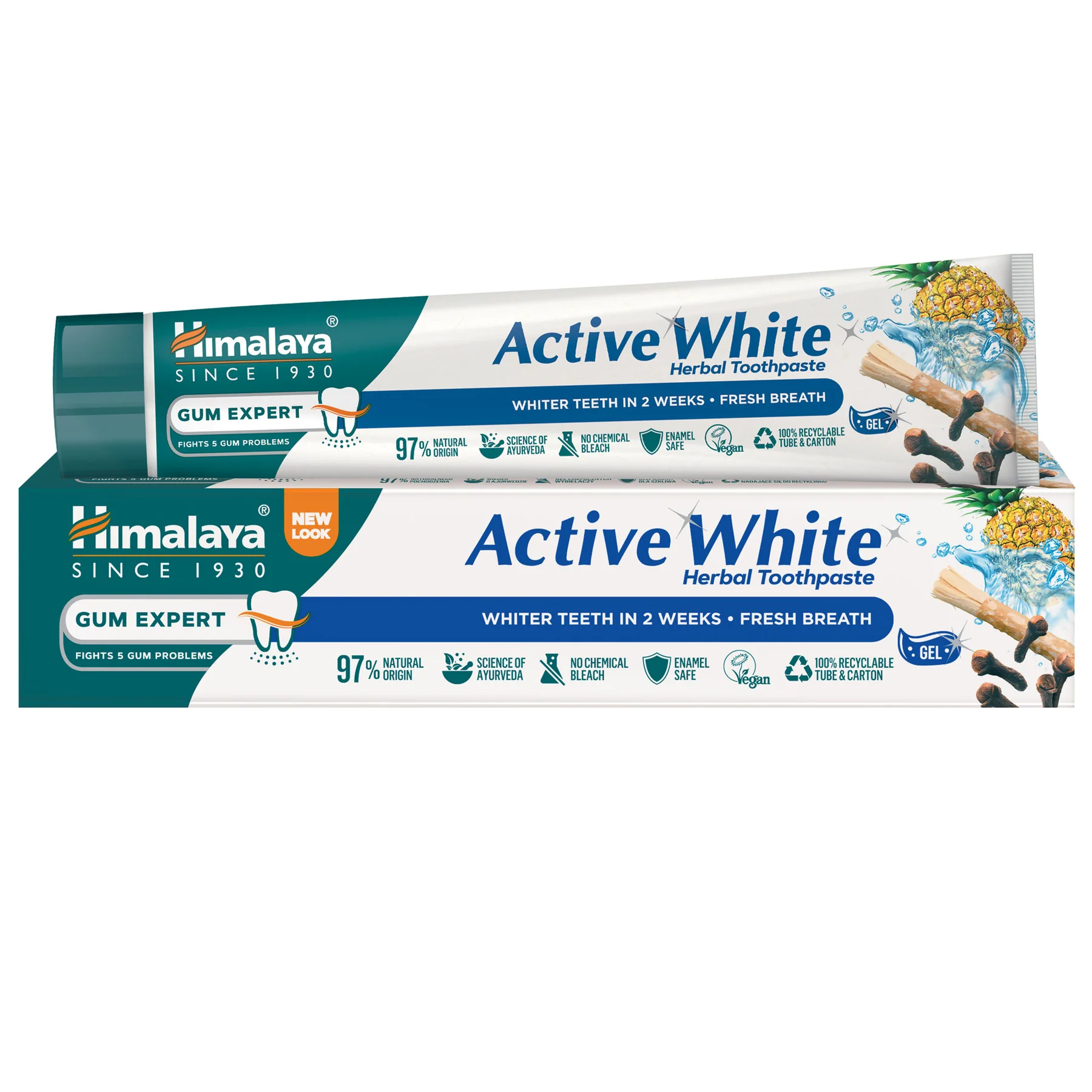 Himalaya Gum Expert Whitening Toothpaste në variantet Active White Fresh Gel, Stain Away dhe Sparkly White për njolla sipërfaqësore dhe kujdes të mishrave.