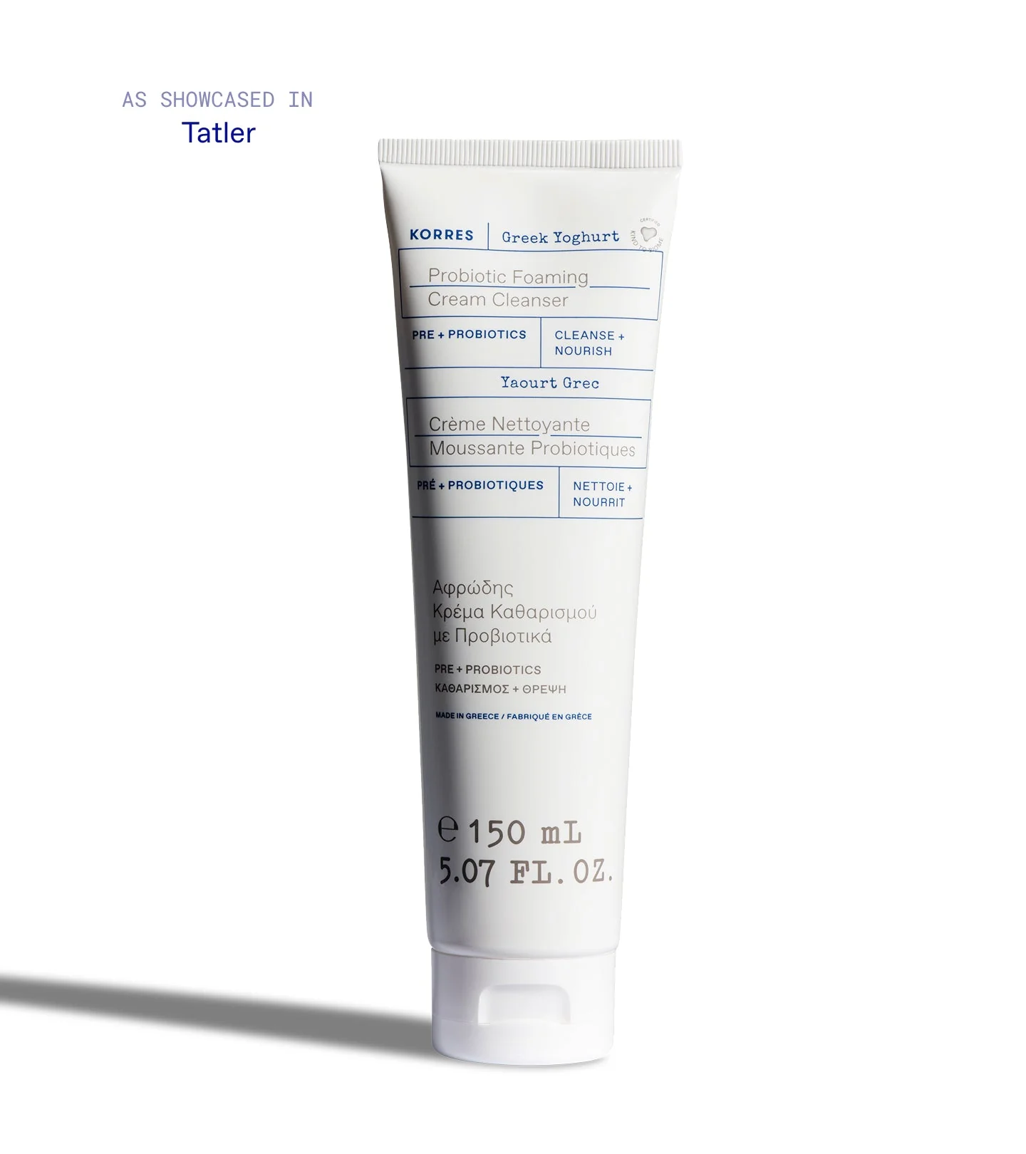 Në foto paraqitet tubi Korres Greek Yoghurt Foaming Cream Cleanser 150 ml për pastrimin e fytyrës dhe largimin e grimit me formulë pa sapun.
