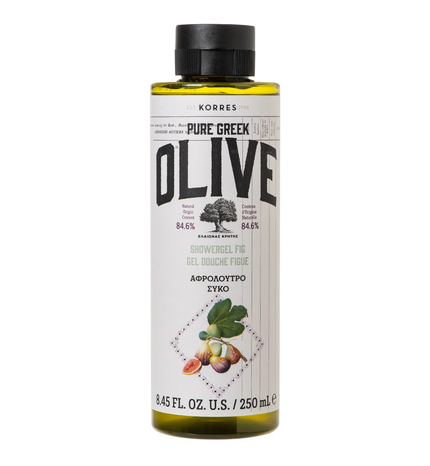 Në foto paraqitet shishja Korres Pure Greek Olive Fig Shower Gel 250 ml për larjen e trupit me aromë fiku dhe shkumë kremoze.